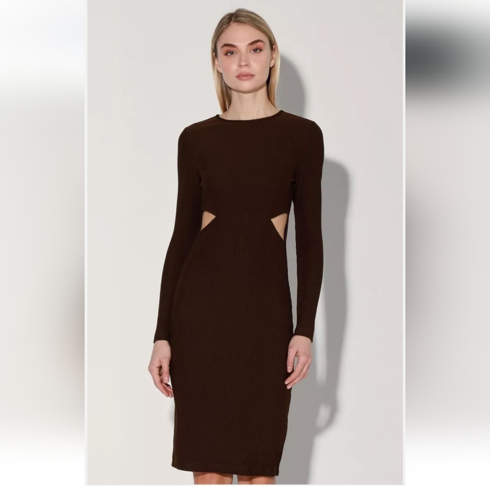 New! WALTER BAKER Krystal Ribbed Knit Back full Zip Elegant Brown Cut-Out Dress